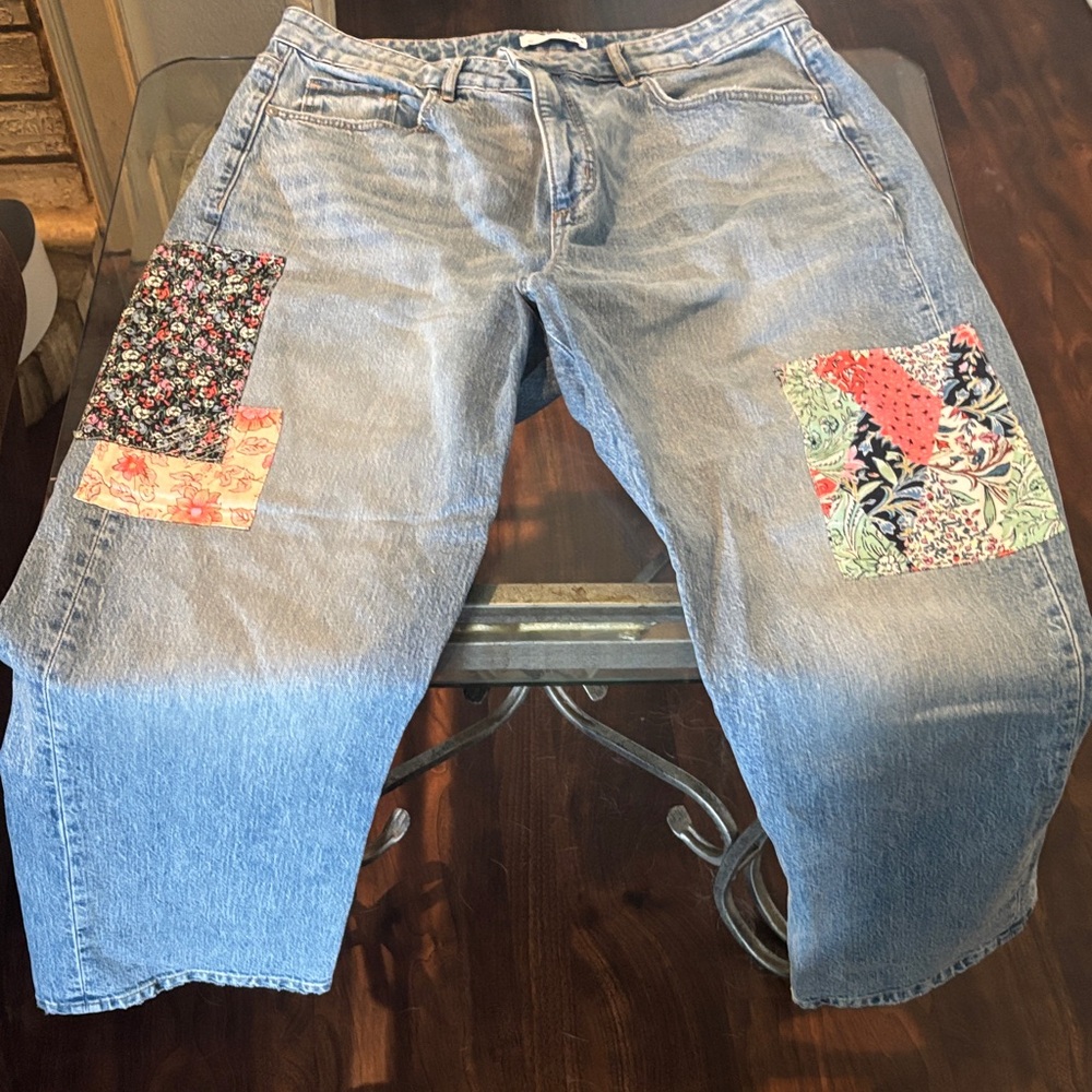 LOFT Straight Leg Jeans with Colorful Patchwork - Blue